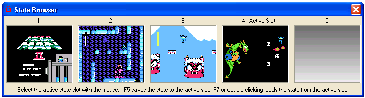 The UberNES state browser allows for intuitive and easy state loading/saving.  100 slots are provided for every game.